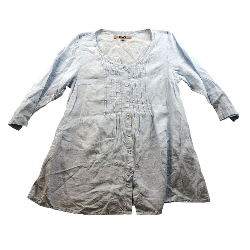 Flax Women's Tunic Blouse Size P Pintuck Babydoll 100% Linen Blue